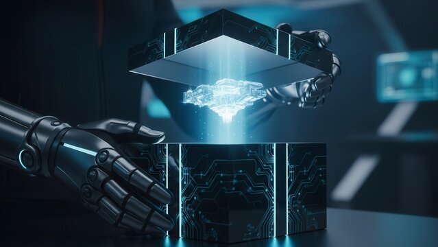 Robot Hand Unboxing AI Brain Tech Innovation.