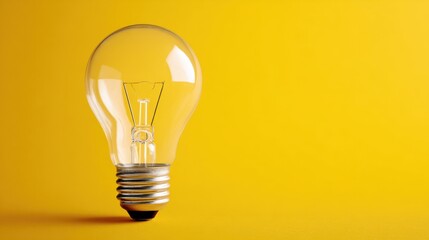 A clear light bulb stands upright on a surface featuring a metallic base. The bright yellow background enhances the overall visually striking effect evoking ideas of creativity and innovation.