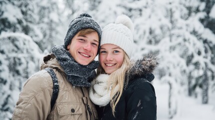 Fototapeta premium A cheerful couple stands close together in a snowy forest smiling warmly. They are dressed in cozy winter clothing surrounded by snow covered trees enjoying the beauty of the season.