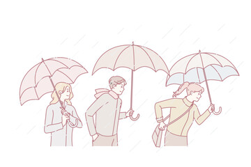 People with umbrellas walking on rainy day. Men and women outside under rain. Weather changes, autumn season concept. Vector illustration.