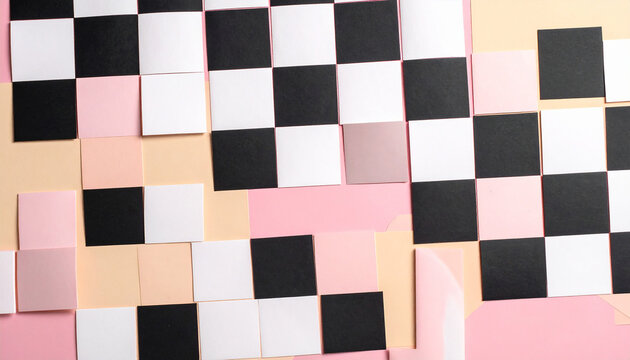 Abstract pattern of black and white squares on pastel colored paper checkerboard