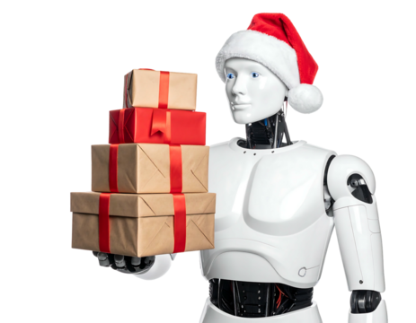 Futuristic humanoid figure, sporting a Santa hat, holds stacked wrapped gifts, offering a holiday surprise against a black backdrop