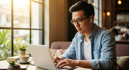 Fototapeta premium Asian Man Working on Laptop at Cafe - Remote Work, Coffee Break