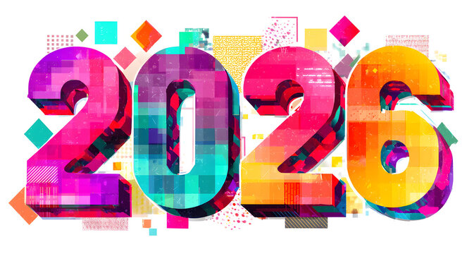 Abstract vector illustration for the year 2026, featuring modern typography with a vibrant pastel color gradient and decorative geometric shapes on a clean white background