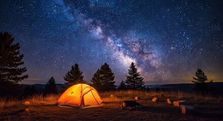 Camping Tent Under Starry Milky Way Night Sky 