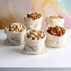 Assortment of nuts in small canvas bags on a white surface almonds pistachios