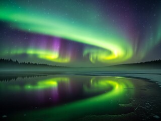 Naklejka premium Spectacular aurora borealis dancing with vibrant green and purple hues reflected in a calm, icy body of water under a starry sky, showcasing nature's breathtaking light show