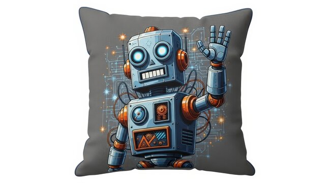 Cute Robot Waving Pillow AI Decor Design.