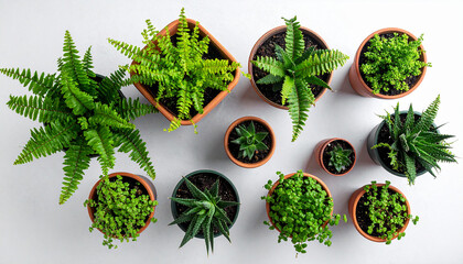 Assortment of Potted Green Houseplants Arranged on White Surface potted plant foliage