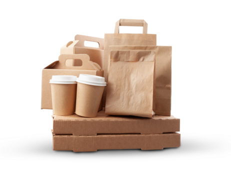 Food delivery and takeaway packages isolated on white background.