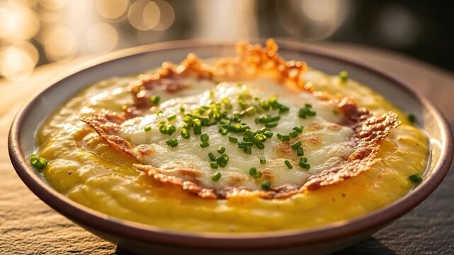 Creamy yellow dish with melted cheese and fresh chives close up warm lighting