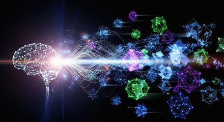 Glowing brain with connected nodes and light streams on dark background