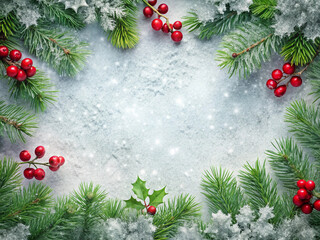 Snowy winter backdrop with frosted pine needles and holly leaves framing the corners