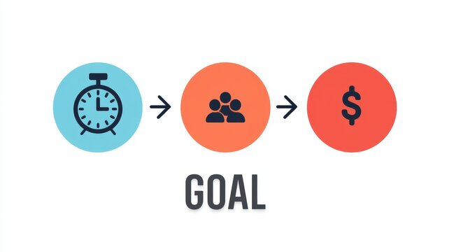 Management Resources Goal-Setting. Visual representation of a goal progression: time, teamwork, and money.