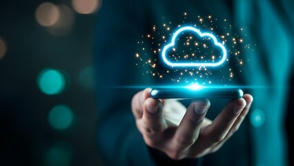 Cloud computing concept man holding a glowing digital cloud in his hand