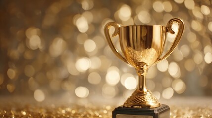A shiny golden trophy rests on a dark base surrounded by sparkling gold hues. This elegant design highlights success and the joy of winning in competitions or events.