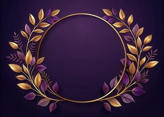 Golden circular frame with delicate leaves surrounded by dark purple foliage