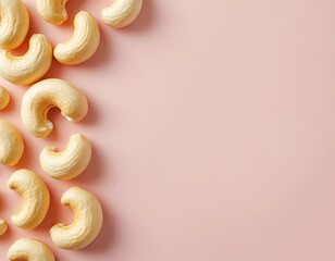 Cashew nuts and pieces laying on light pink background. Samle for design