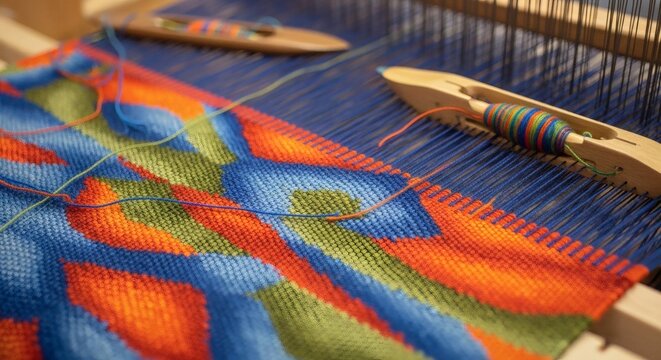 Close up of a weaving loom with colorful threads and wooden shuttles