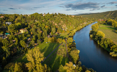 Aerial View of Černo&scaron;ice in Central Bohemia at Sunset &mdash; Riverside Town in Warm Evening Light