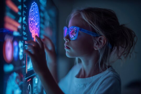Future Scientist's Exploration: A young girl, immersed in a futuristic display, studies intricate digital visualizations through her smart glasses, embodying innovation and curiosity. 