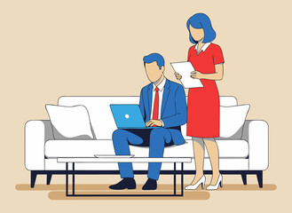 Business colleagues collaborating on laptop in modern office lounge