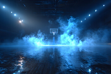 Naklejka premium dark and dramatic high school basketball court, basketball hoop, blue smoke, blue led lights
