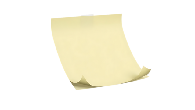 Yellow sticky note with curled edges, isolated on transparent background