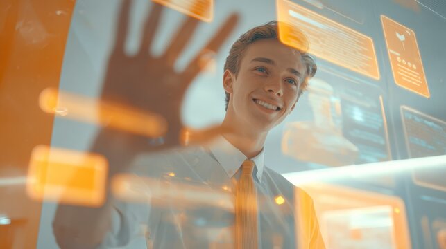 Futuristic Touch: A visionary individual interacts with an advanced technology interface, his expression a blend of curiosity, and the promise of innovation. 