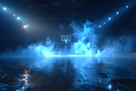 dark and dramatic high school basketball court, basketball hoop, blue smoke, blue led lights - Powered by Adobe