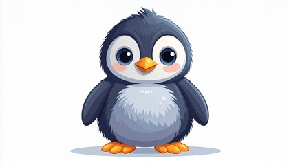 Fototapeta premium Cartoon Baby Penguin with Dark Gray Feathers, Blushed Cheeks, and Expressive Eyes – Cute Stylized Arctic Animal Character for Children’s Books, Educational Media, Animation, and Winter-Themed Visual S