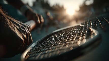 Close up of a tennis racket hitting a ball with sun flare in the background.
