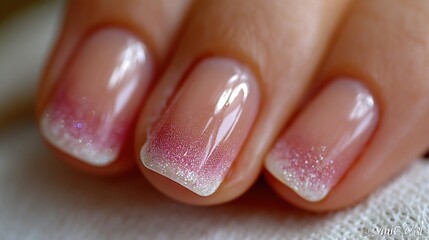 Close up of a womans hand with a beautiful French manicure and subtle pink glitter accents.