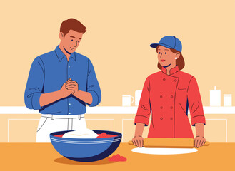 Professional chef rolling dough while man watches intently in kitchen