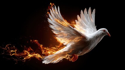 A magnificent bird soars through the air with wings ablaze creating a stunning visual contrast against the dark backdrop representing freedom and vitality.