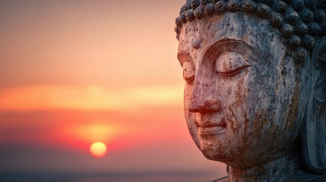 A weathered Buddha statue stands still with eyes closed as the sun sets over the ocean. The orange and pink sky creates a tranquil atmosphere during the evening.