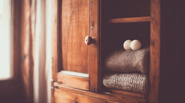 A classic wooden wardrobe interior featuring white camphor balls and carefully folded fabrics.