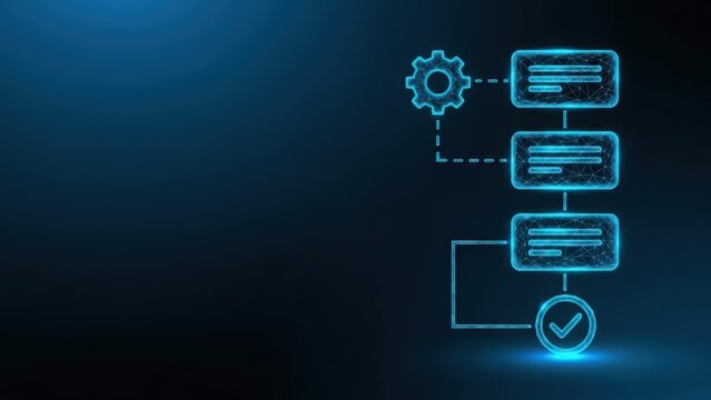 Abstract digital flowchart with glowing blue lines and gears representing technology and data flow