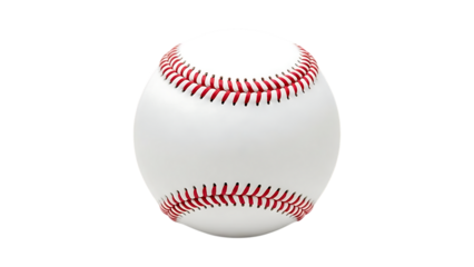 Classic white baseball with red stitching isolated on white background, symbol of sport and teamwork.

