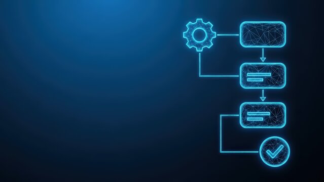 Abstract technological network diagram with glowing blue lines and nodes on a dark background