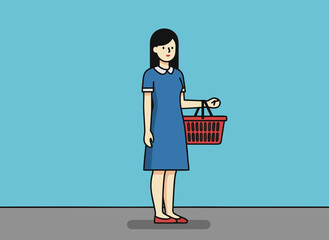 Woman with shopping basket, standing, retail, grocery, vector art