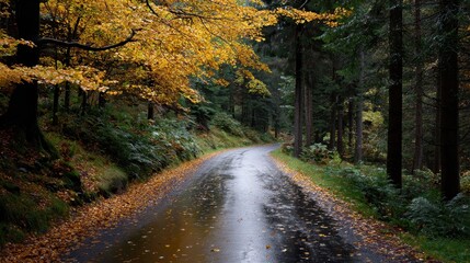 Obraz premium Golden Leaves on a Rainy Road in a Serene Forest Setting
