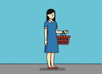 Woman with shopping basket, standing, retail, grocery, vector art