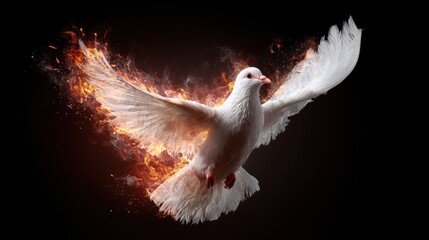 A white dove flies gracefully its wings spread wide. Flames illuminate the background adding a dramatic contrast to the bird's serene presence.