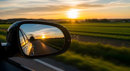 Sunset reflected in car side mirror on a rural road