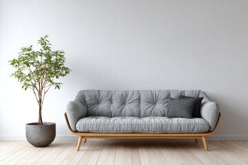 Gray tufted sofa with decorative pillows and a potted plant.