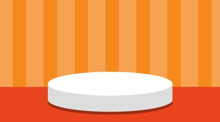 A minimalist, 3D product display stage. The backdrop wall is a orange vertical stripes. The floor is a dark orange. A  white podium is centered on the floor.