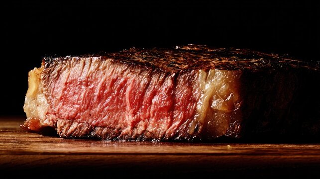 Juicy ribeye steak cross-section showcasing its rich texture on a dark background. menu design, packaging mockups, designed for culinary blogs and recipe cards for restaurants.