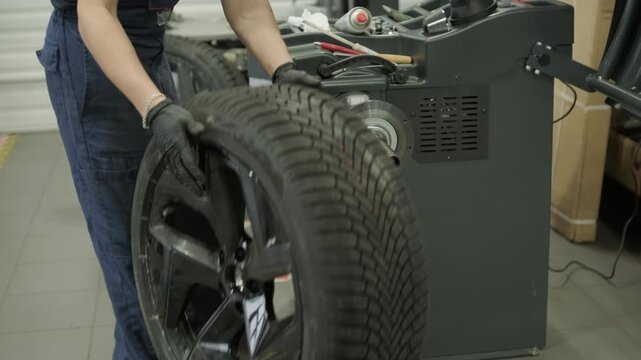 Professional auto mechanic changing and balancing car wheel in a tire fitting workshop