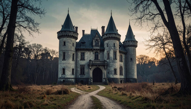 Imposing Stone Castle with Turrets and Tall Trees in Overcast Twilight Setting chateau